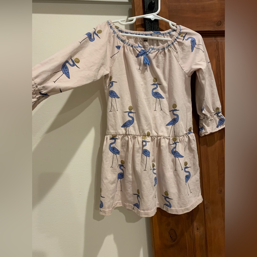 Tea Collection light pink cotton dress with blue pelicans and gold detailing